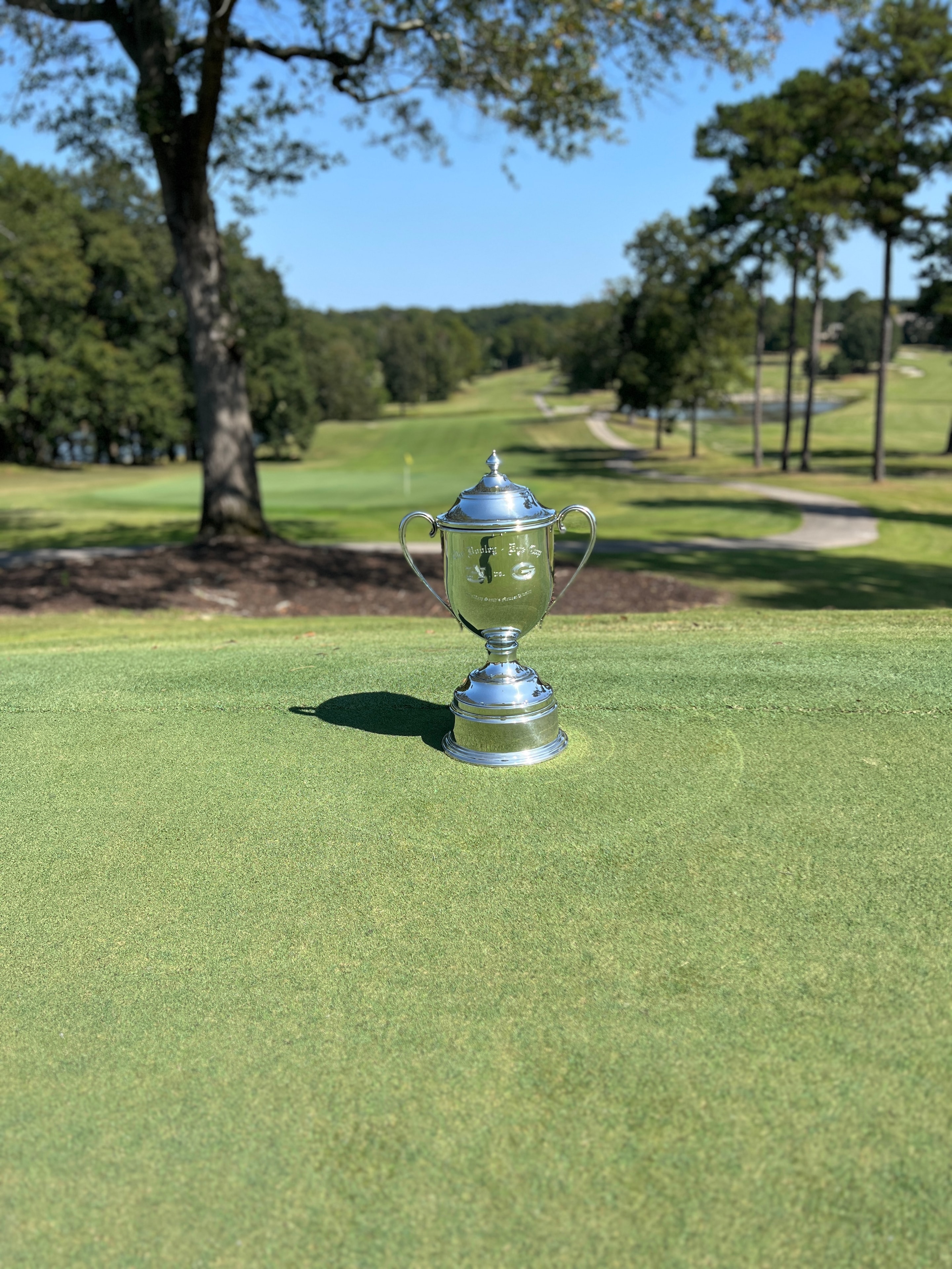 Dooley-Dye Cup trophy standing alone on the fairway with course in background